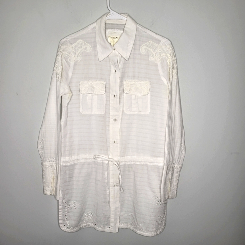Da-Nang Vintage Embroidered Button-Up Tab Sleeve Tie Waist White Shirt Size XS